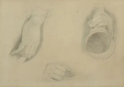 Tre handstudier för ’Att läsa testamentet’, en med örontrumpet av Sir David Wilkie