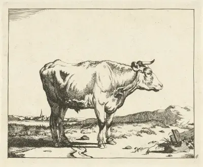 Stier, nach rechts gewandt, mit Kirchturm im Hintergrund von Marcus de Bye