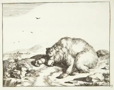 Liegender Bär mit ausgestreckter Pfote von Marcus de Bye
