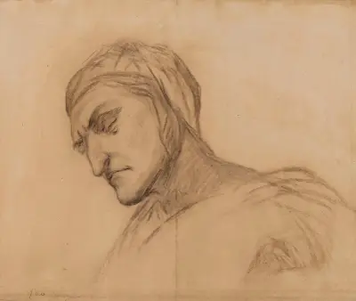 Dante, buste d’homme drapé, tête couverte de trois-quart à gauche av Pierre Puvis de Chavannes