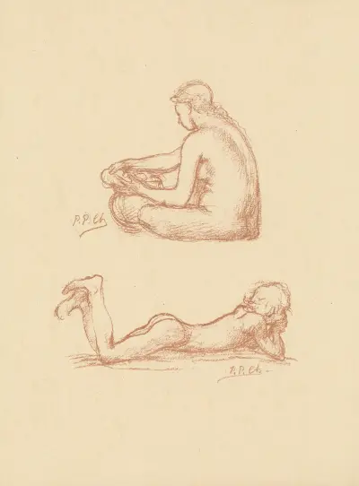 Två studier av kvinnor, naken sittande och naken liggande av Pierre Puvis de Chavannes
