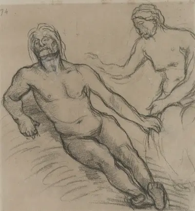 Liggande man på marken och sittande kvinna lutad över honom av Pierre Puvis de Chavannes