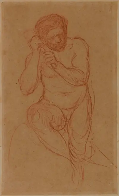 Sittande man framifrån, hållande ett föremål med båda händerna mot vänster av Pierre Puvis de Chavannes