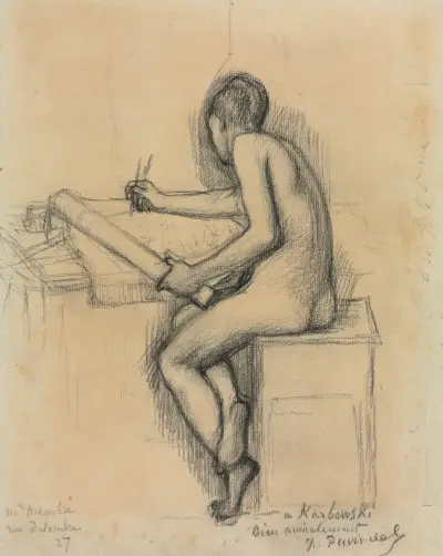 Study of a Seated Nude Female Model Drawing av Pierre Puvis de Chavannes