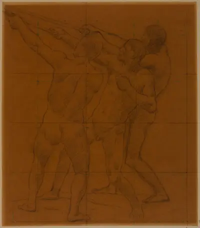 Trois hommes nus debout, tirant sur des cordes von Pierre Puvis de Chavannes