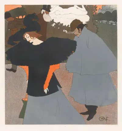 Dame op straat gevolgd door een heer av Georges de Feure