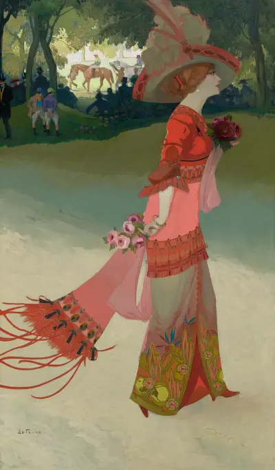 Kvinna i rött eller elegant på kapplöpningarna av Georges de Feure
