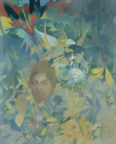Visage De Femme Sur Fond De Vegetation Luxuriante Et D’oiseaux Fantastiques av Georges de Feure