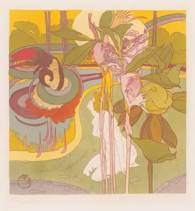 Vrouw krijgt visioen in een tuin av Georges de Feure