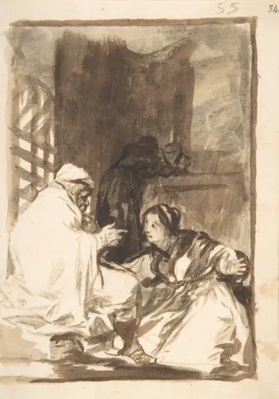 A woman kneeling, her arms wide, before an old man av Francisco de Goya