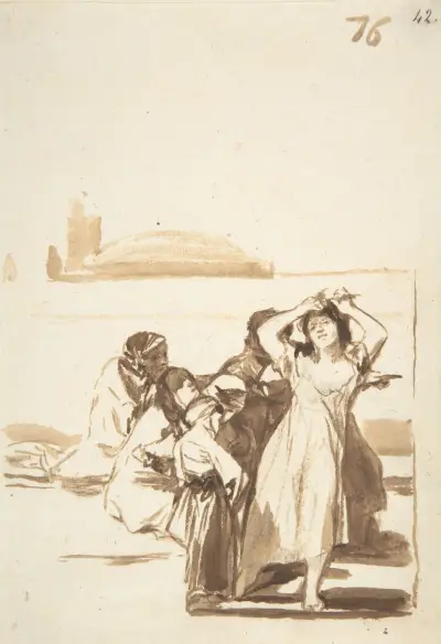A woman pulling at her hair being watched by a group of figures av Francisco de Goya