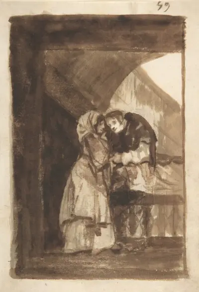 A woman talking to a priest in a covered archway av Francisco de Goya