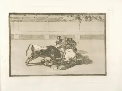 Caida de un picador de su caballo debajo del toro av Francisco de Goya