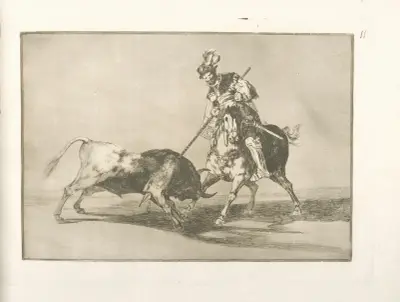 El célebre Fernando del Toro, barilarguero, obligando á la fiera con su garrocha av Francisco de Goya