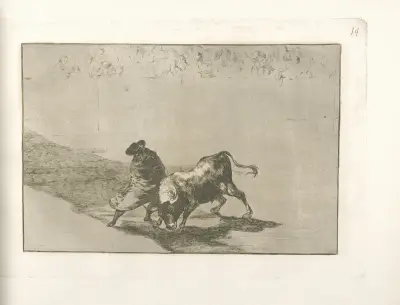 El diestrísimo estudiante de Falces, embozado burla al toro con sus quiebros av Francisco de Goya