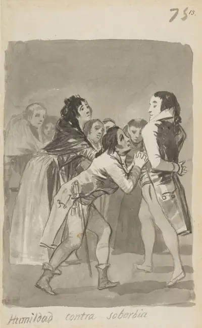 ‘Humility versus Pride’ a young man imploring an older man with other figures in front of them av Francisco de Goya