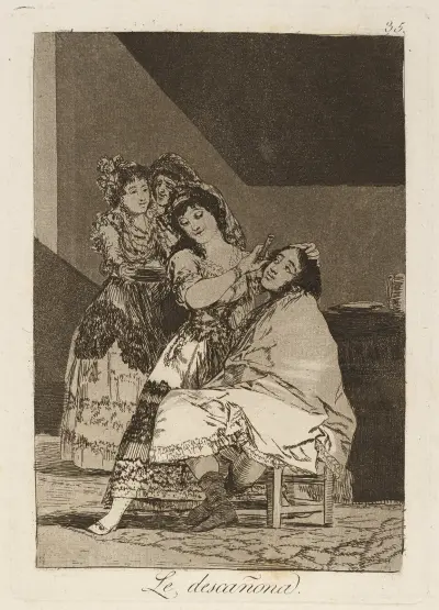 Le descañona. (She fleeces him.) av Francisco de Goya