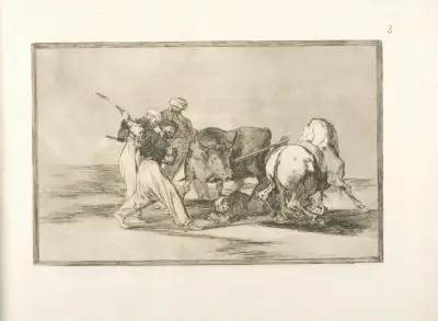Los moros establecidos en España, prescindiendo de las supersticiones de su Alcorán, adoptaron esta caza y arte, y lancean un toro en el campo av Francisco de Goya