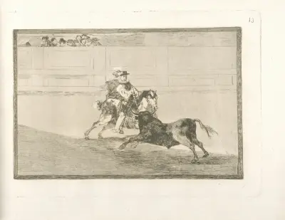 Un caballero español en plaza quebrando rejoncillos sin auxilio de los chulos av Francisco de Goya