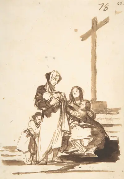 Women and children near a cross av Francisco de Goya