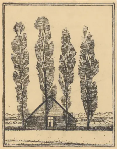 Four poplars in front of a house av Julie de Graag