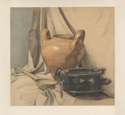 Still life with pottery and a wooden spoon von Julie de Graag