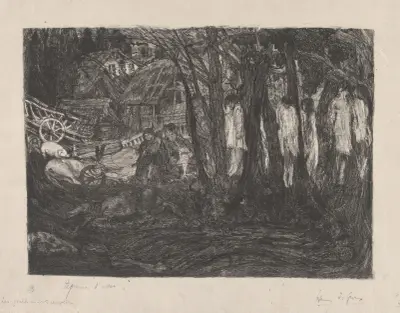 Boslandschap met lichamen opgehangen aan bomen av Henry de Groux