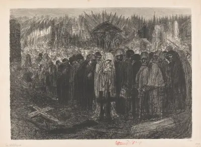 Grote menigte figuren met kap op een begraafplaats av Henry de Groux