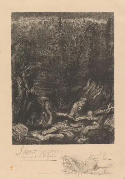 Landschap met leeuw en de heilige Hieronymus met boek av Henry de Groux