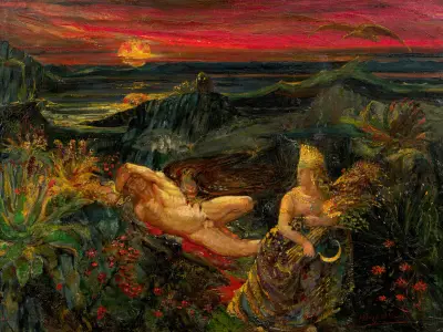 Medea picks the flowers born of the blood of Prometheus av Henry de Groux
