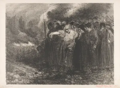 Menigte aan de rand van een verwoeste stad av Henry de Groux