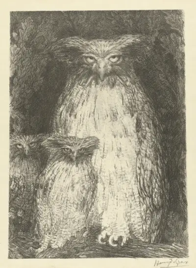 Owl with two owlets sitting on branch av Henry de Groux