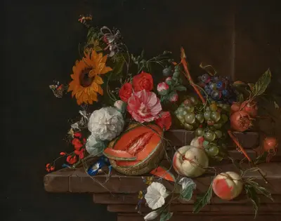 A melon, peaches, grapes, medlars, sunflowers, roses, peonies and other flowers with butterflies and other insects on a stone ledge av Cornelis de Heem
