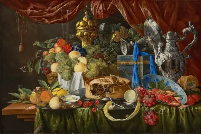 A pie on a pewter plate, a partially peeled lemon and overturned silver spoon on a pewter plate av Jan Davidsz de Heem
