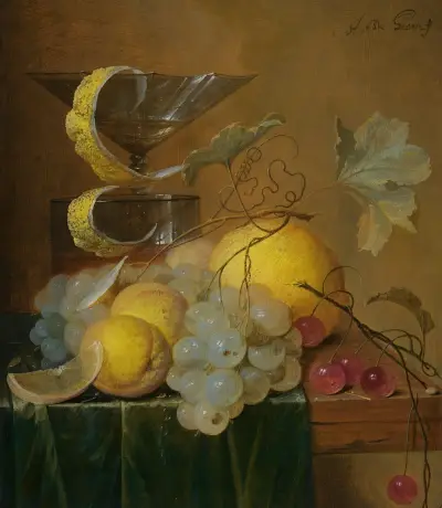 Still Life With A Wine Glass, Lemon Peel, Peaches, Grapes And Cherries On The Corner Of A Partly Draped Wooden Table av Jan Davidsz de Heem