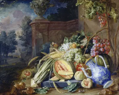 Still Life With Vegetables And Fruit Before A Garden Balustrade av Cornelis de Heem