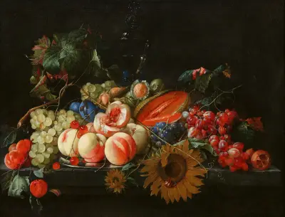Stillleben mit Pfirsichen und Kirschen auf einer Silberplatte mit anderen Früchten, Nüssen und Sonnenblumen av Cornelis de Heem
