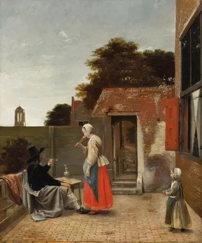 A Man Smoking and a Woman Drinking in a Courtyard av Pieter De Hooch