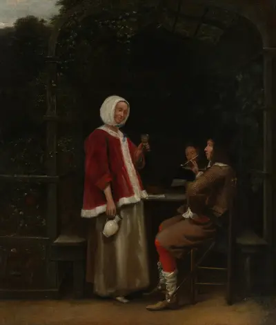 A Woman and Two Men in an Arbor av Pieter De Hooch