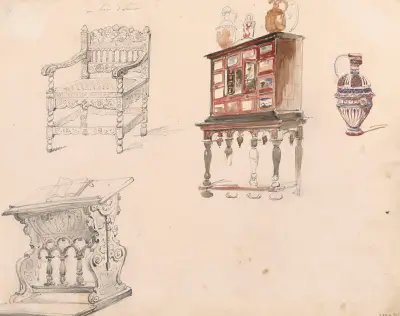 Stol, prie-dieu, skåp och kanna av Nicaise De Keyser