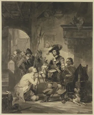 Eine Wachstube, auf den Knien ein Ketten Geschlagener einen Befehlshaber anflehend av Nicaise De Keyser