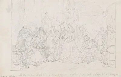 Maxmilián I., římský císař, a Marie Burgundská navštěvují malíře Hanse Memlinga v nemocnici v Bruggách – č. 2, Nicaise De Keyser