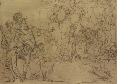 Ein junger Krieger ist im Begriff, ein Lager anzugreifen, Minerva verwehrt es ihm, sie ist umgeben von Wappen tragenden Nymphen und Amoretten av Gerard de Lairesse