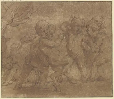 Sechs tanzende nackte Kinder, eines davon hat Ziegenfüße av Gerard de Lairesse