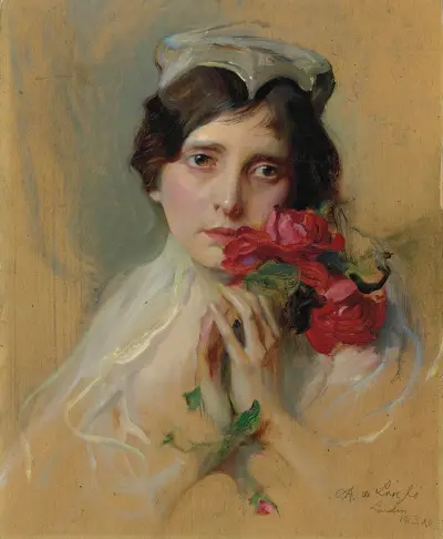 Portrait of a lady wearing a peaked headdress av Philip Alexius de László