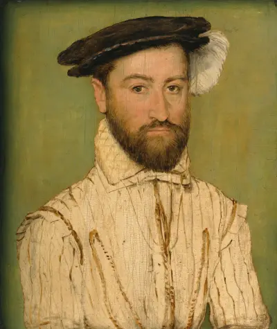 Portrait Of A Bearded Gentleman, In A Black Beret With White Plumage av Corneille de Lyon