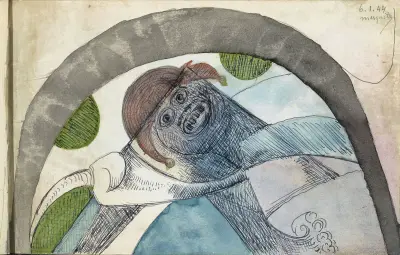 Antropomorf figuur met een harlekijnsmuts onder een boog av Samuel Jessurun de Mesquita