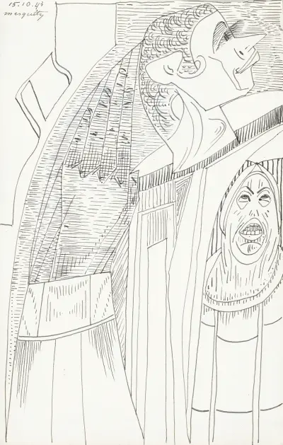 Figuur met een puntige neus en lange wimpers in profiel naar rechts av Samuel Jessurun de Mesquita