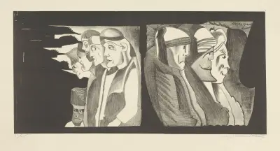 Twee groepen figuren met de ruggen naar elkaar toe av Samuel Jessurun de Mesquita