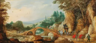A rocky landscape with riders near a bridge av Joos de Momper
